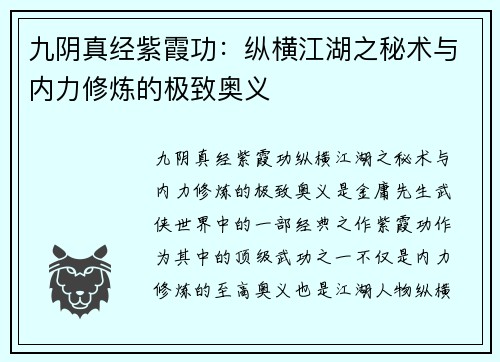 九阴真经紫霞功：纵横江湖之秘术与内力修炼的极致奥义